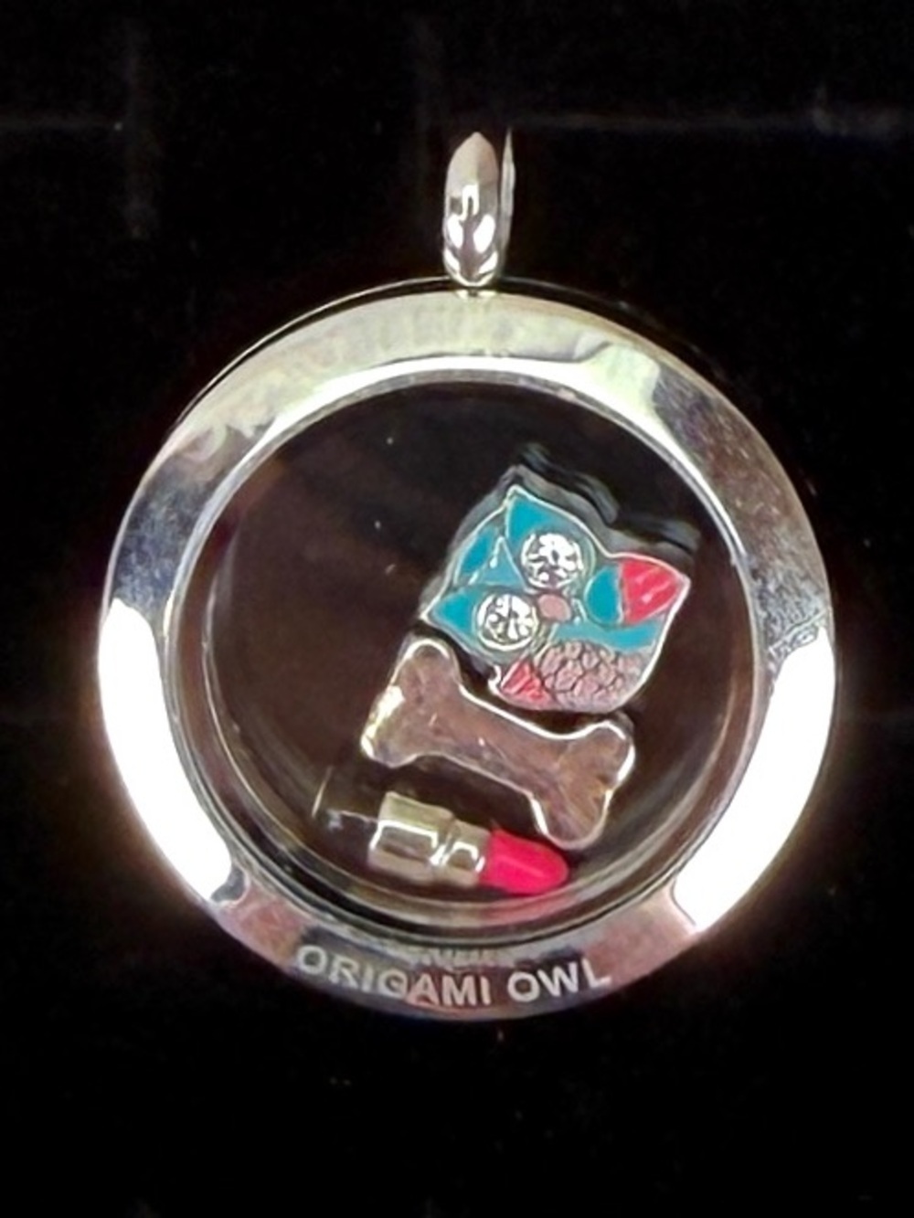 Origami Owl Floating Charm Locket Pendant Owl Bone Lipstick Silvertone